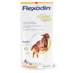 Flexadin Advanced Original innehåller den unika kombinationen av odenaturerat kollagen typ II, Omega 3-fettsyror och vitamin E för att stödja din hunds leder. Flexadin Advanced Original har behållit sin ursprungliga smak och är speciellt utvecklad för kräsna hundar. De noggrant utvalda högkvalitativa , naturliga ingredienser stödjer din hunds leder och håller din fyrbente vän smidig.